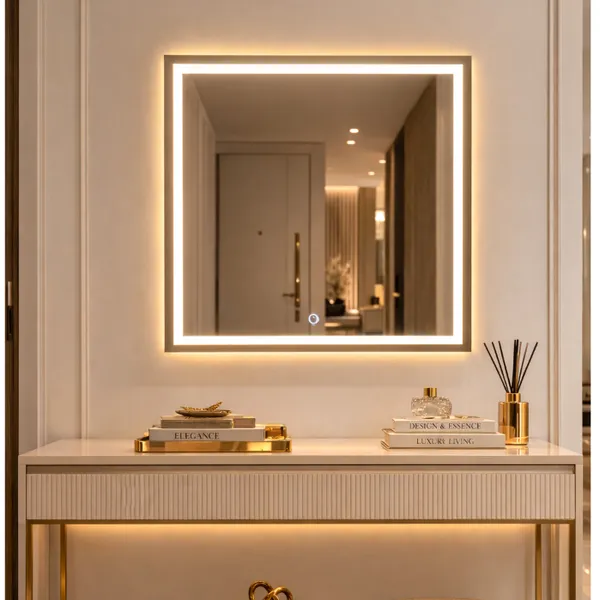 Espelho Quadrado Jateado com LED 3 Cores Touch de 40x40 a 90x90cm Luxo Decoração Moderna