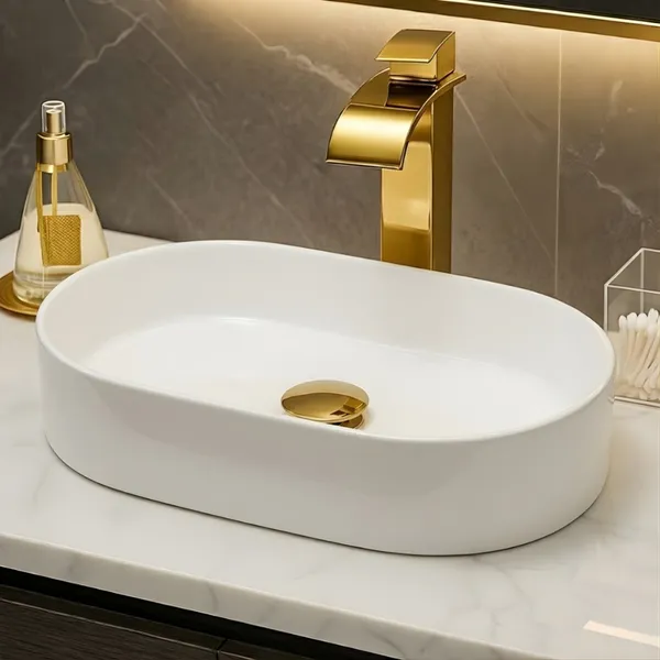 Pia Para Banheiro Cuba de Apoio 42cm Lavabo Retangular Mármore Sintético Branca Sobrepor