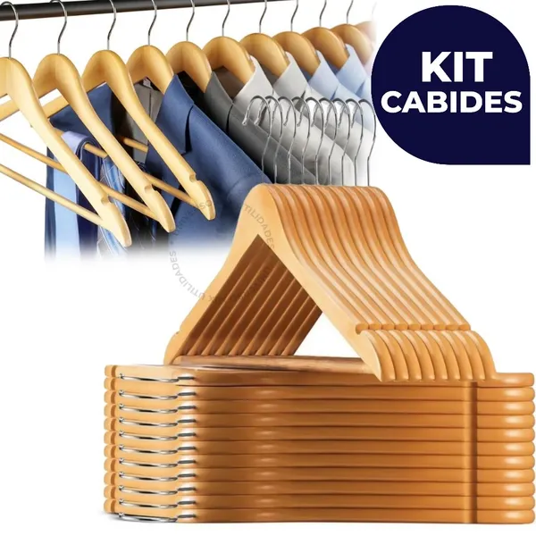 Kit Cabides De Madeira Premium Marfim Para Roupas Calça Gancho Cromado