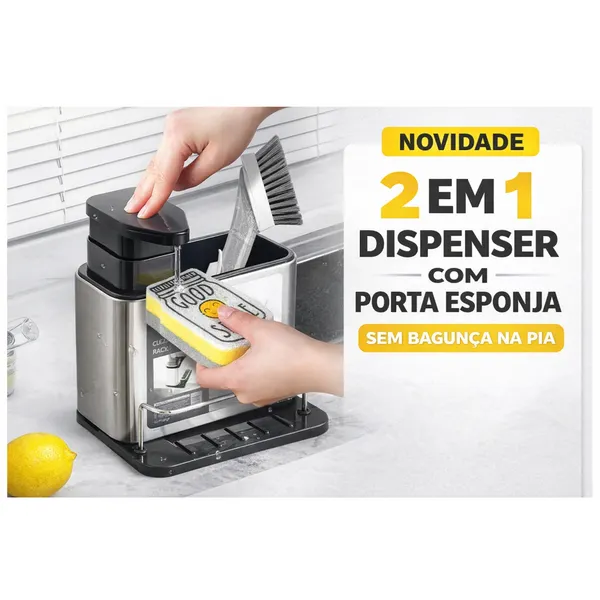 Dispenser Detergente 2 em 1 com Porta Esponja Cozinha