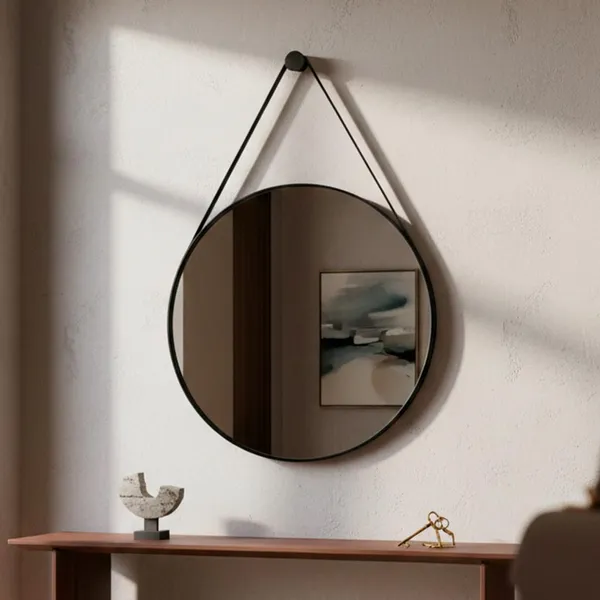 Espelho Redondo De Parede com Alça Espelho Em Couro 60cm Espelho para Banheiro Sala Quarto de Parede