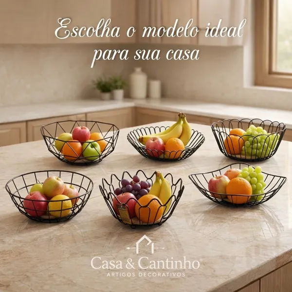 Fruteira de Mesa Rustica de Ferro e Bambu para Café da Manhã de Metal Preto Multiuso