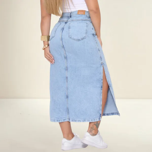 Saia Jeans Feminina Mídi longa Cintura Alta Marmorizada com Fenda Tecido Grosso Azul Claro Premium