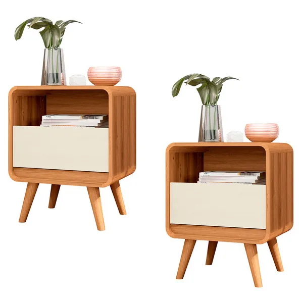 Kit 2 Mesas de Cabeceira Lateral Criado Quarto Retrô com Gaveta e Nicho Channel - Potenza