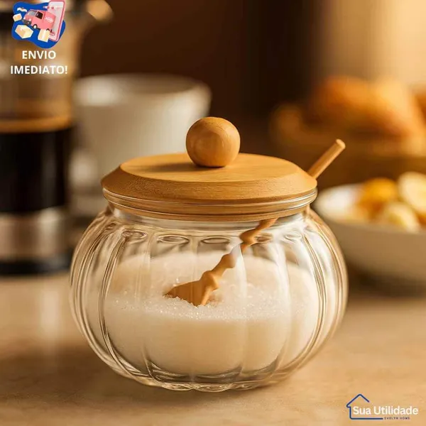 Açucareiro ou Saleiro de Vidro 230ml com Tampa de Bambu Colher Plástico Estilo Minimalista para sua Cozinha Condimentos