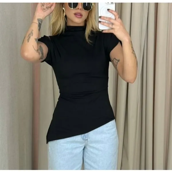 Blusa Blusinha Feminina Assimétrica Ribana Canelada, Básica, Moda Luxo, Chic e Confortável