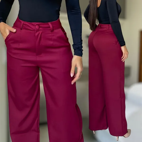 Calça Pantalona Feminina Alfaiataria Elegante Cintura Alta Wide Leg Casual Social Blogueira