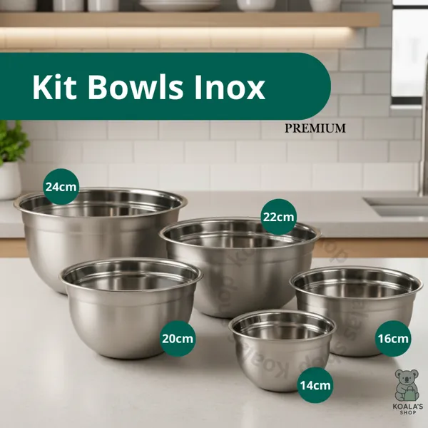 Conjunto Bowl Inox Kit Peças Tigela Inox Empilhável 14cm 16cm 20cm 22cm 24cm Gamela Bacia Cozinha