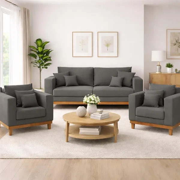 Kit 2 Poltronas Living + Sofá 3 Lugares com Base Madeira