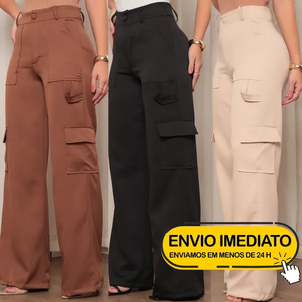 Calça Pantalona Feminina em Alfaiataria Cargo Wide Leg Casual Para Trabalhar