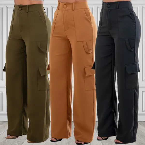 Calça Alfaiataria Social Feminina Pantalona Cargo Wide Leg Bolsos Cós Alto