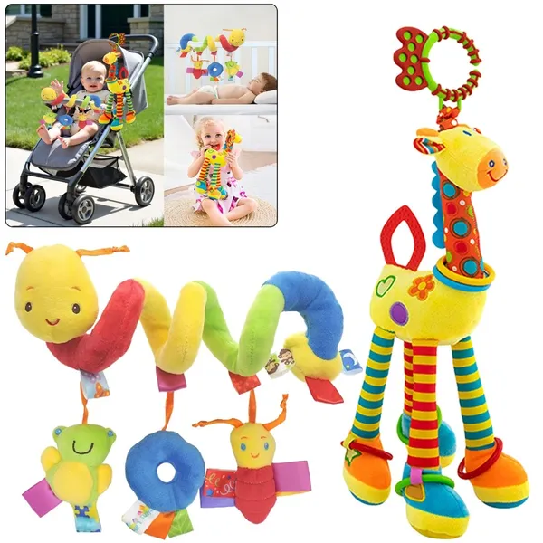 Kit Móbile Girafa Grande Colorida com Mordedor, Chocalho, Naninha Espiral e Brinquedo de Pássaro - Para Carrinho e Berço