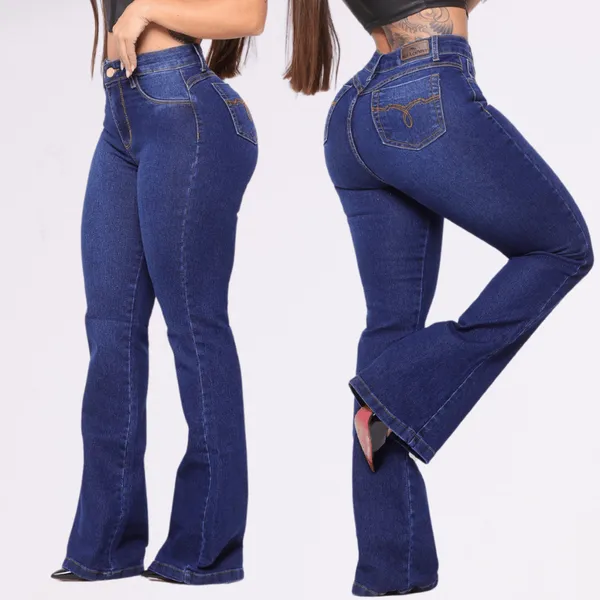 Calça Jeans Feminina Flare Contry Cós e Cintura Alta Levanta Bumbum Com Lycra Elastano Bolsos