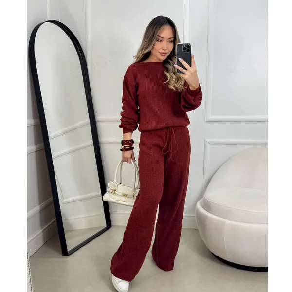 Conjunto Aerolook de Tricot Mousse Calça Pantalona + Blusa Manga Longa de Frio Lançamento Inverno