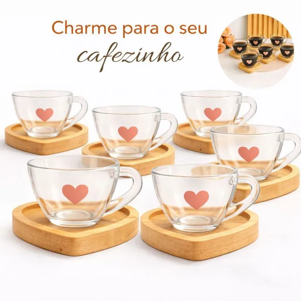 Jogo de Xícaras para Café Cafezinho com Pires de Madeira Coração Cantinho do Café Kit Presente