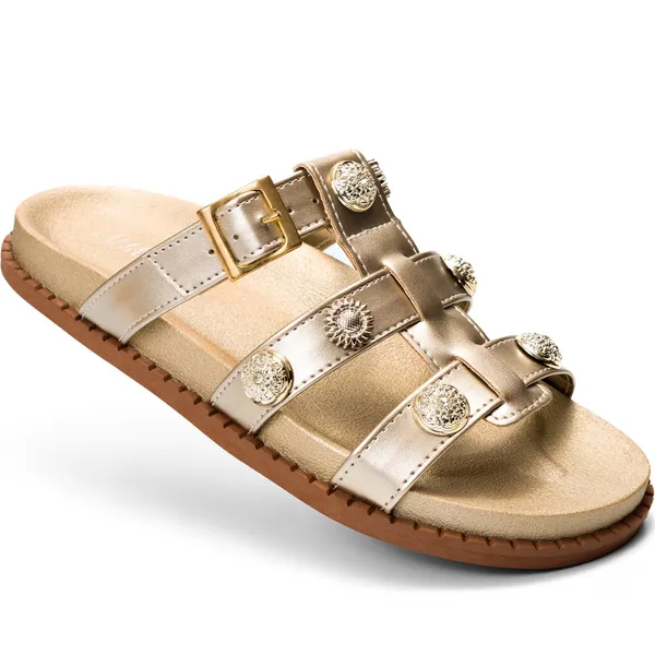 Sandália Feminina Lumiss Papete Chinelo Confortável Tachas Fivela