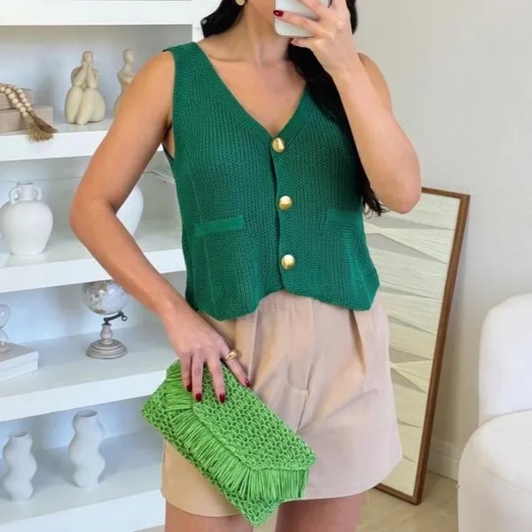 Colete Tricot Feminino Verão Moda Botão Dourado Trico Lançamento Moda