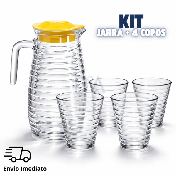Kit Conjunto Premium​ 5 Peças Jarra 900ml + 4 Copos 250ml Vidro Texturizado Sofisticado