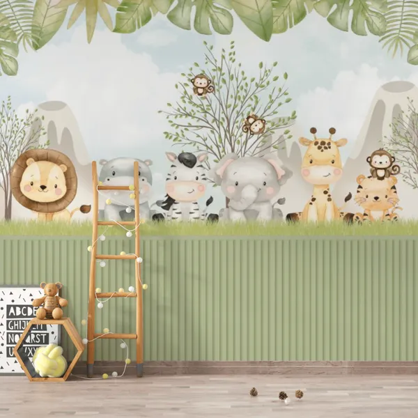 Papel de Parede Safari Animais Fofinhos - Infantil - Quarto de Bebê Fofo Decor m² (orçamento)