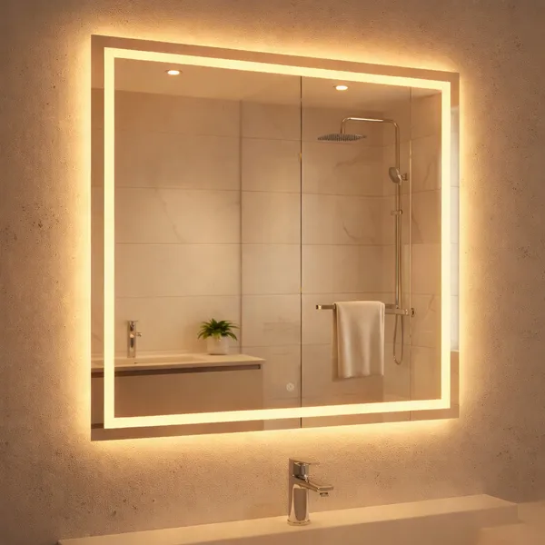 Espelho com Touch Quadrado 40x40 Jateado Fino LED 3 Cores Touch Banheiro Lavabo Quarto Luxo