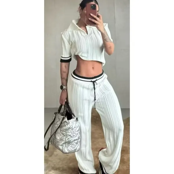 Conjunto tricot modal com calça wide leg e blusa gola polo meio manga Cod:Q44