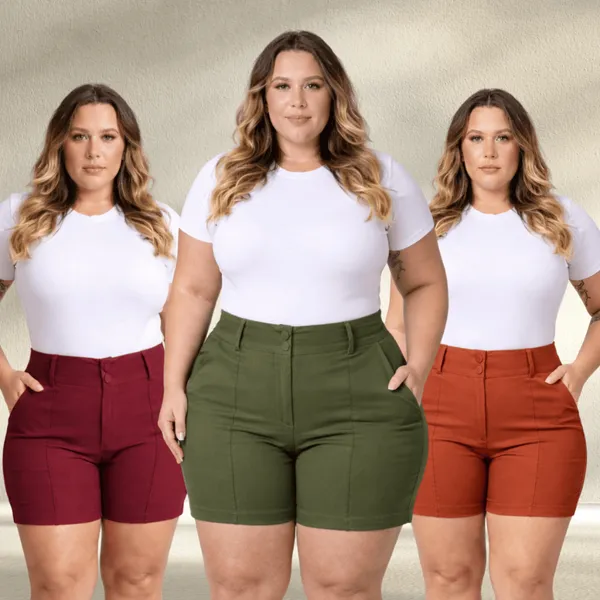 Shorts Feminina Plus Size Social Com 2 Botões e Zíper Tecido Bengaline Cintura Alta 42 ao 52