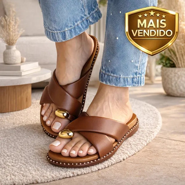 Sandália Feminina Conforto Premium Com Detalhe Dourado Elegante | Casual E Sofisticada GABI