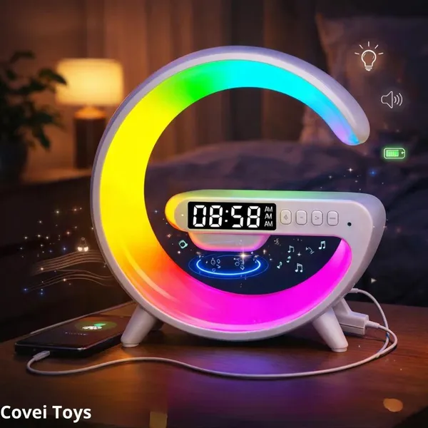 Luminária Despertador Com Luz Led Bluetooth Caixa Som Relógio Digital Carregamento Indução Abajur
