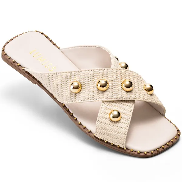 Sandália Feminina Lumiss Rasteira Confortável Juta Esfera Bico Quadrado