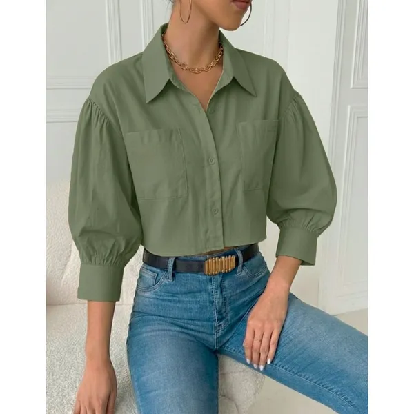 Blusa Feminina Social Moderna Elegante Manga Longa Bolsos Casual