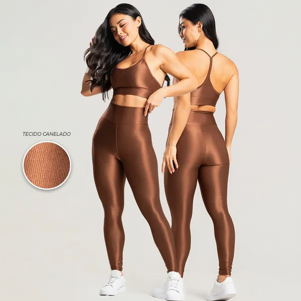Conjunto fitness canelado feminino academia top e legging esportivo com brilho