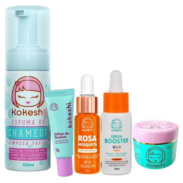 Kit 5 itens Kokeshi Rosa Mosqueta Limpeza e Hidratação