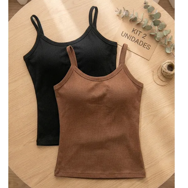 Kit 2 Blusa Regata Feminina Canelada Alcinha Blusinha Bojo Básica Casual Alça Fina Dia A Dia