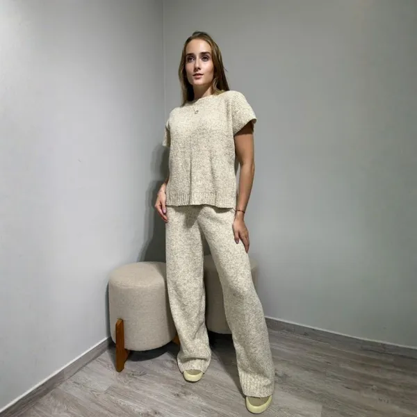 Conjunto Feminino Tricot Mousse Blusa Manga Curta e Calça