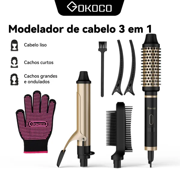 GOKOCO 3 Em 1 Multifuncional Paramodelar Modelador De Cachos Aparelho Cabelo liso Cachos Curtos E Grandese Ondulados