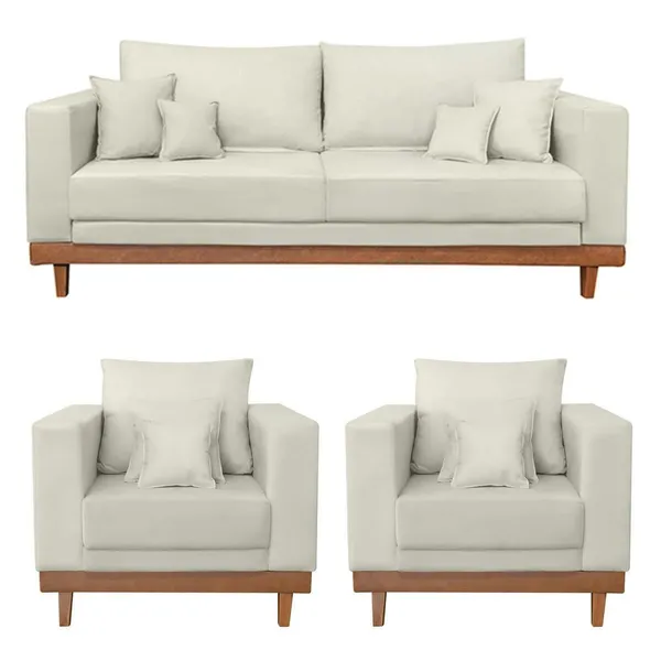 Kit 2 Poltrona + Sofá 3 Lugares Reforçado Base Madeira Suede
