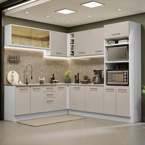 Armário de Cozinha Completa de Canto 459cm Branco/Crema Agata Madesa 01
