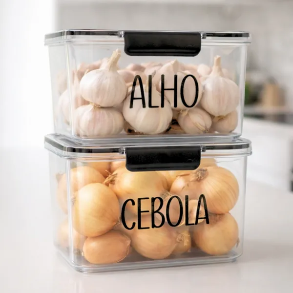 Organizador Multiuso de Geladeira 1,9L - Pote Hermético com Etiqueta, Porta Alho | Avulso ou Kit