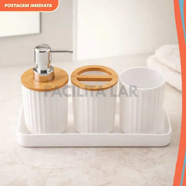 Conjunto Banheiro 4 Peças Branco com Bambu – Dispenser, Porta-Escova, Copo e Bandeja – Design Minimalista