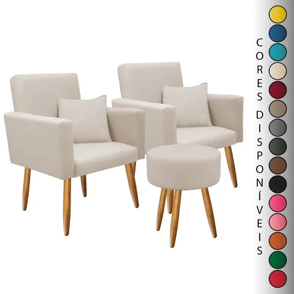 Kit 02 Poltronas para Sala Decorativa Nina com Almofada e Puff Redondo Pés Palito Suede Aninha Decor