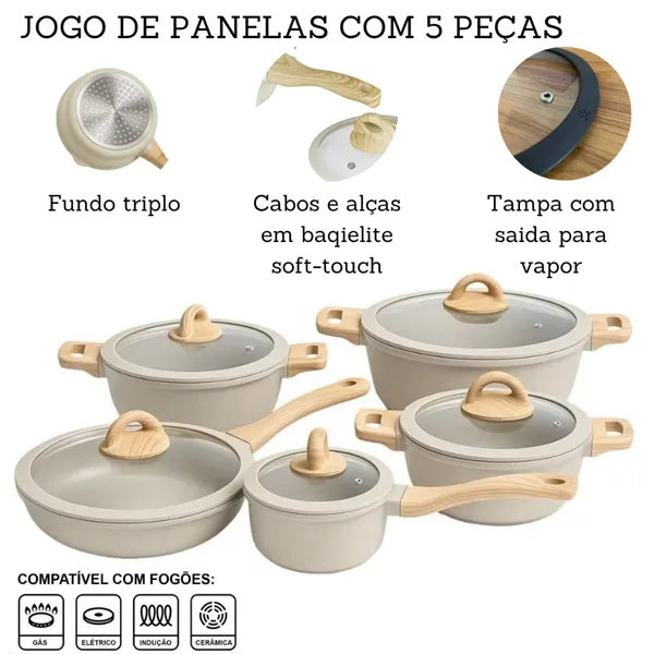Jogo De Panelas 5 Peças Antiaderente Indução Gás Conjunto Revestido Cerâmica Granito Caçarola Frigideira