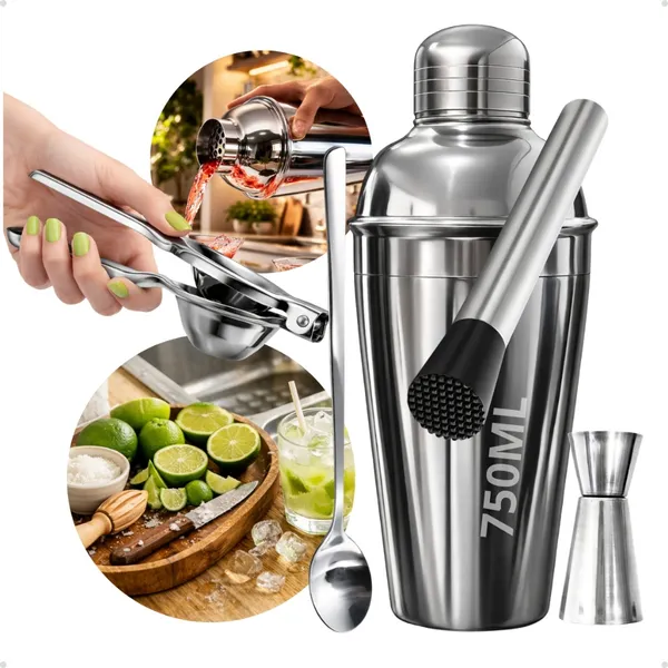 Kit Bartender 750 ml Inox 5 Peças  Profissional  Espremedor de limão Coqueteleira Socador Dosador