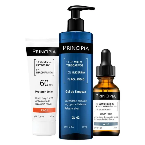 Principia Kit Primeira Rotina de Skincare c/ Gel de Limpeza GL-02 + Sérum Hialurônicos AH-2 + Protetor Solar PS-01 FPS60