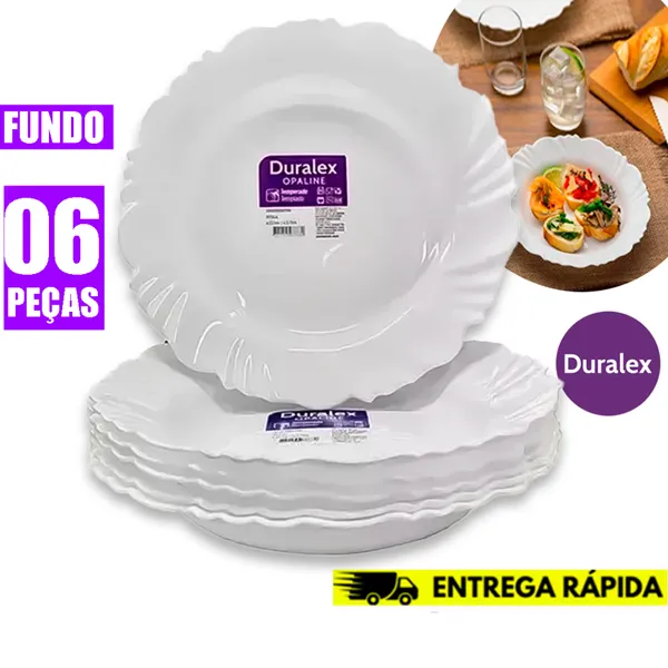 Kit 6 Pratos Fundo Duralex Vidro Opaline Pétala Branco Circular 23.5CM Temperado- Resistente a risco