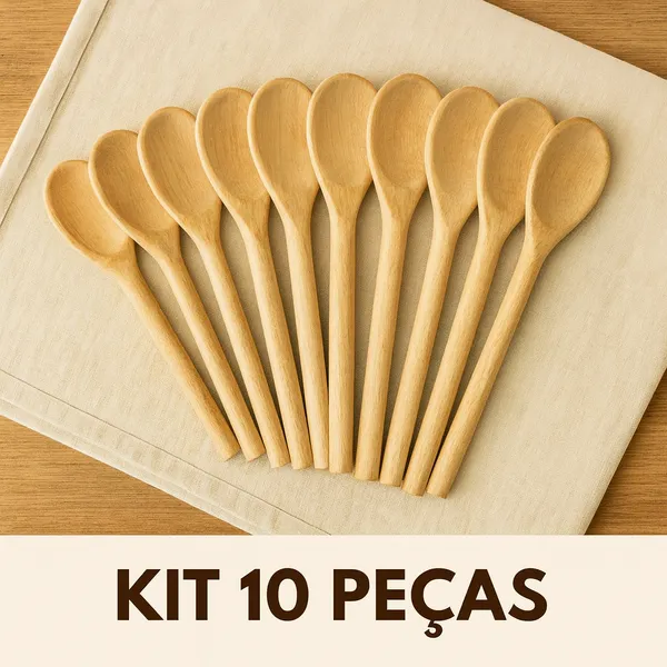 Kit com 10 colheres de madeira em pinus para cozinha