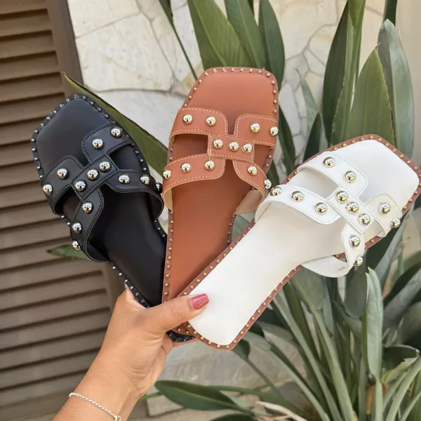 Sandália Chinelo Rasteirinha Feminina H Com Bolinhas Douradas Elegante Moda 2026