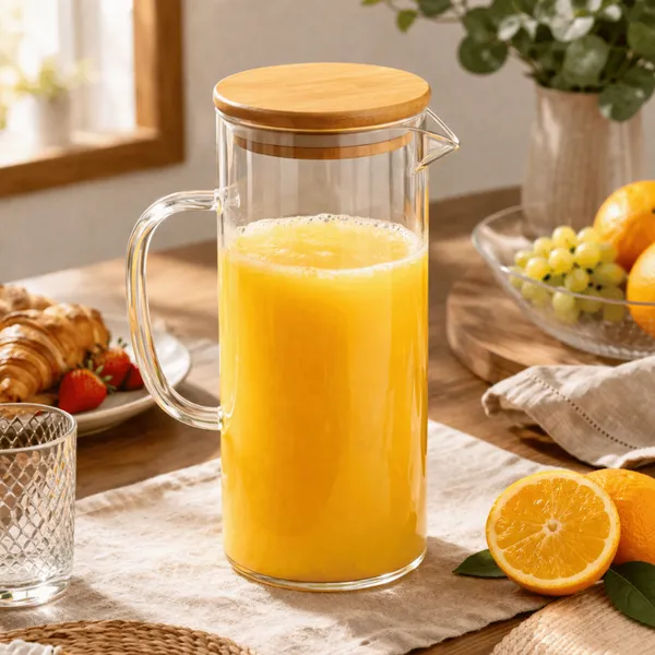 Jarra De Vidro Com Tampa De Bambu Para Servir Suco Água 1000ml