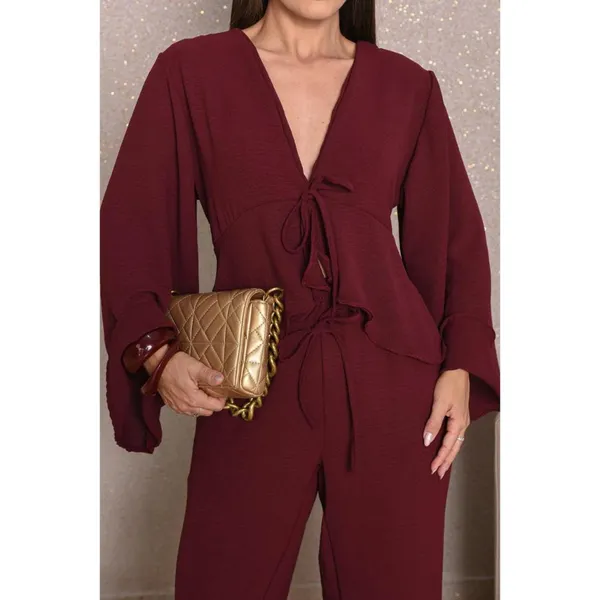 Conjunto Feminino Calça Pantalona e Blusa Bata com Babado Boho Chic