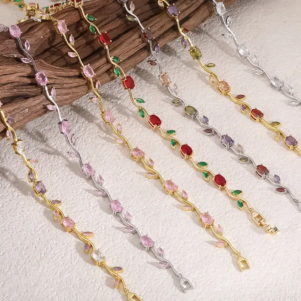 Pulseira Dourada De Prata Folha Cobre Incrustada Zircônia Não-Desbotamento Feminina Jóias Presente