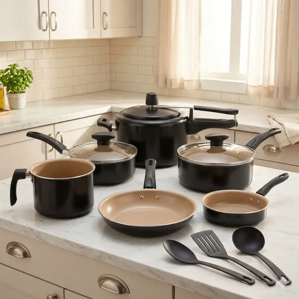 Jogo de Panelas 9 Peças Panela de Pressão 2L Conjunto Kit Teflon Antiaderente Frigideira Caçarola